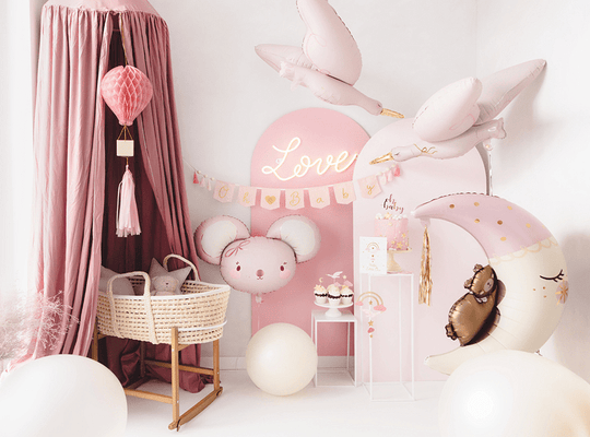 Foil Teddy Bear on the Moon Balloon - Light Pink with Gold Tassel | 28x34 Inches